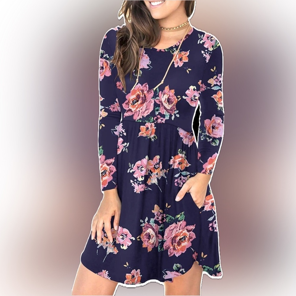 Longyuan Navy Blue Floral Dress, Long Sleeved W/Pockets, New With Tags, Size XL